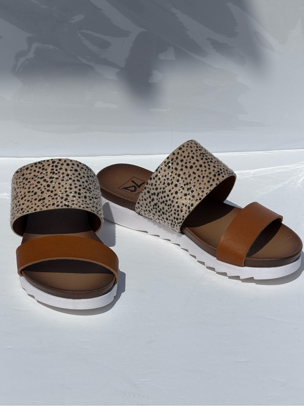 Dirty Laundry Two-Strap Tan & Speckled Slide Sandals